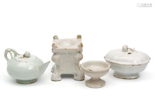 Two white faience salt dishes, a teapot and lidded box