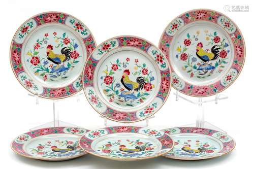 Six famille rose cockerel plates