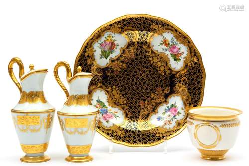 Imperial Russian Porcelain; a plate, two ewers and a bowl