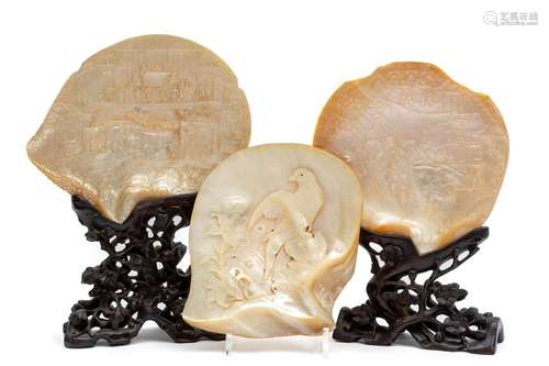 Three Chinese carved mother of pearl shells