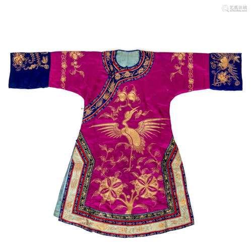 An informal silk embroidered lady's robe, crane and tig...