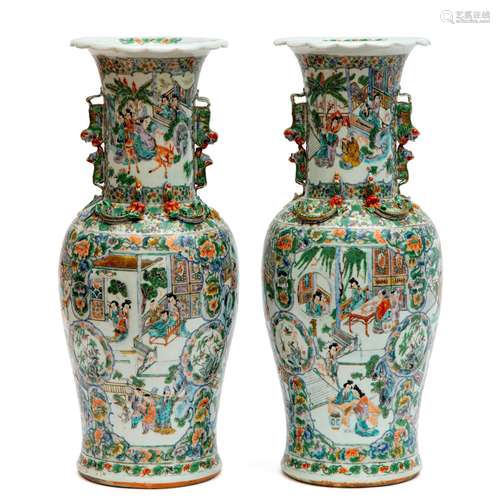 A pair of famille verte Canton Mandarin vases