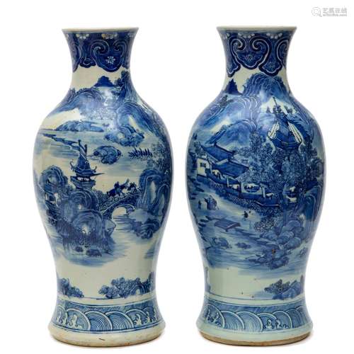 A pair of large Chinese blue and white vases