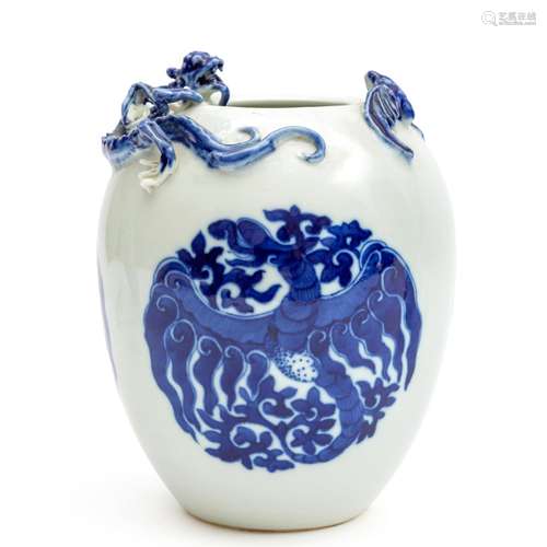 A blue and white brush washer, dragon and bat