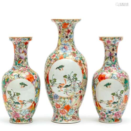 Three famille rose Mille-fleurs vases