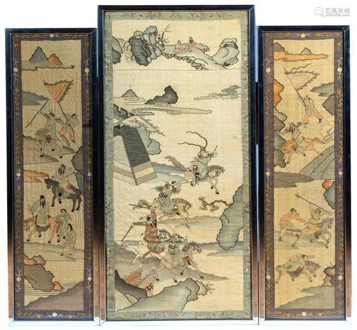 Three kesi tapestry textile figural panels with gold thread