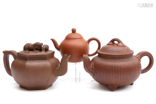 Three brown stoneware Yixing teapots