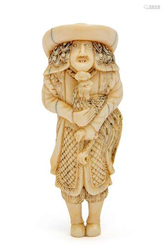 An ivory carved Dutchman with rooster netsuke