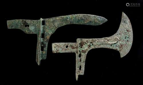 TWO BRONZE AX BLADES, GE China, Shang-Zhou dynasties