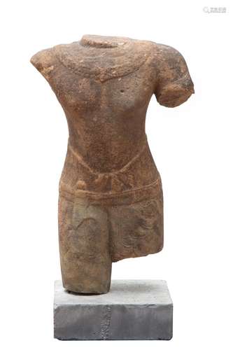 A large Khmer male torso sandstone fragment