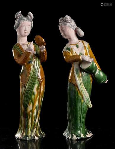 TWO SANCAI GLAZED CERAMIC FEMALE FIGURES China, 20th