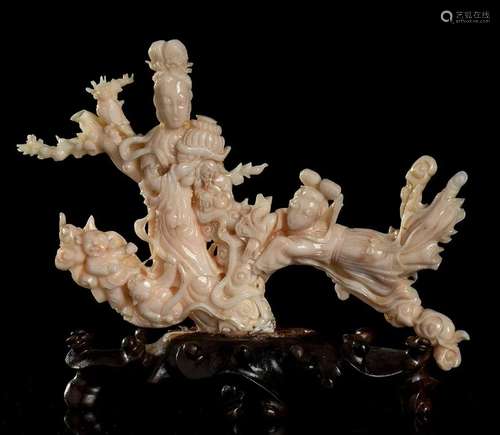 A PINK CORAL GROUP WITH FEMALE FIGURES China, early