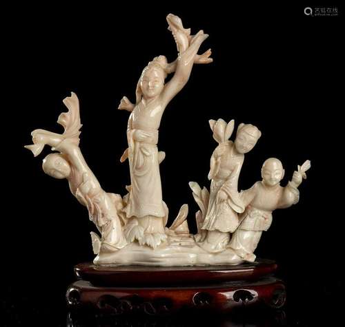 A PINK CORAL GROUP WITH FEMALE FIGURES China, early