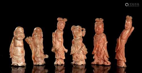 SIX SMALL CORAL FIGURES China, early 20th century