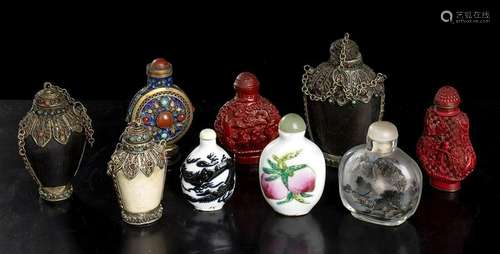 NINE SNUFF BOTTLES IN DIFFERENT MATERIALS China, 20th