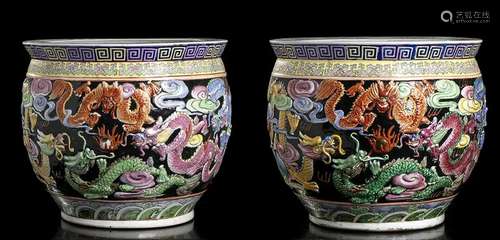 TWO LARGE POLYCHROME PORCELAIN CACHEPOTS China, 20th