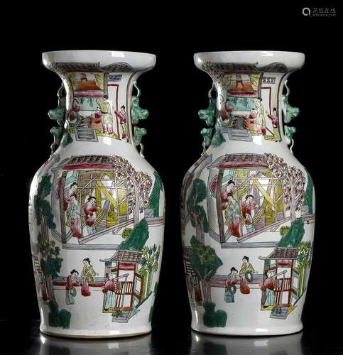 A PAIR OF POLYCHROME PORCELAIN BALUSTER VASES China,