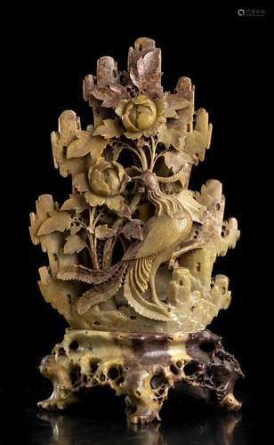 A SOAPSTONE COMPOSITION OF FLOWERS AND BIRDS China,