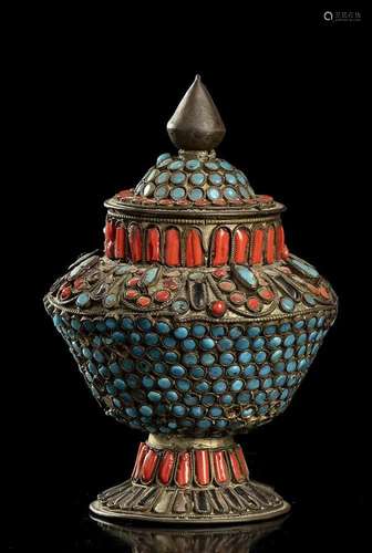 AN INLAID METAL VASE AND LID Nepal, 20th century