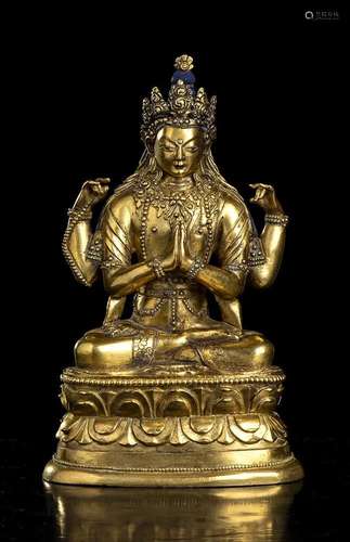 A GILT BRONZE SCULPTURE OF A FOUR-ARMED AVALOKITESVARA