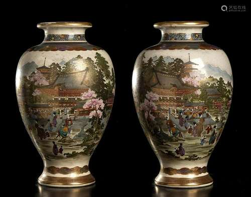 A PAIR OF LARGE 'SATSUMA' STYLE CERAMIC VASES Japa...