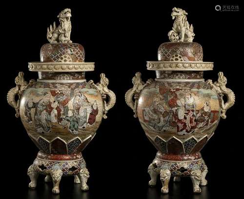 A PAIR OF LARGE 'SATSUMA' STYLE CERAMIC VASES AND ...