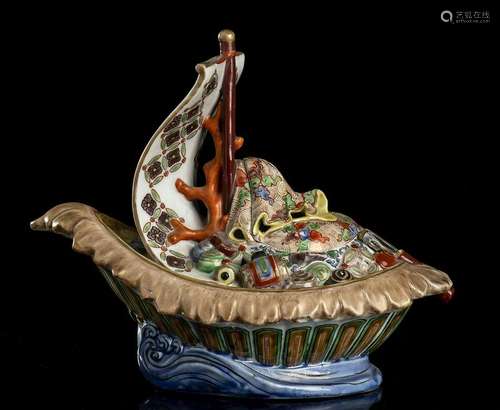 A POLYCHROME PORCELAIN CONTAINER AND LID SHAPED AS THE