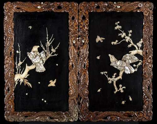 A PAIR OF LARGE MOTHER-OF-PEARL AND BONE INLAID CARVED