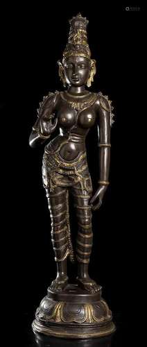 A PARTIALLY GILT BRONZE STANDING PARVATI India, 20th