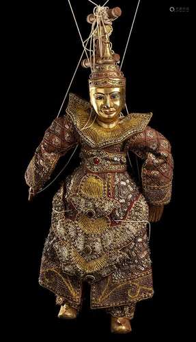 A PAINTED AND GILT WOOD, FABRIC, METAL AND GLASS PUPPET