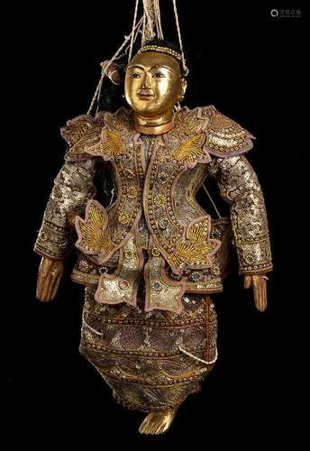 A PAINTED AND GILT WOOD, FABRIC, METAL AND GLASS PUPPET