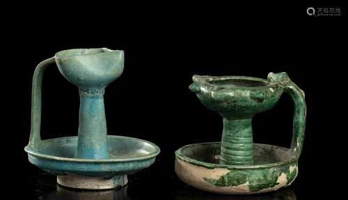 TWO GLAZED CERAMIC OIL LAMPS Iran