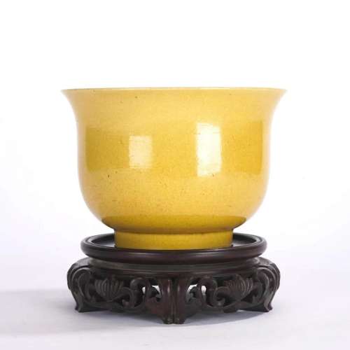 Yellow Glaze Flaring Bowl with Wood Stand