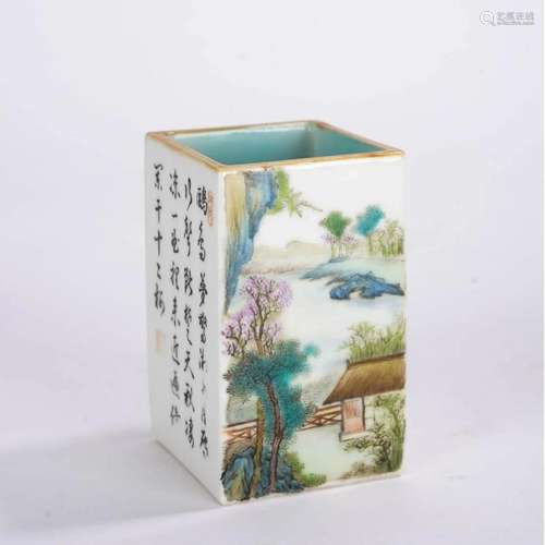 Famille Rose Landscape & Inscription Square Brush Pot