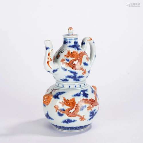 Iron Red Glaze & Underglaze Blue Dragon Ewer