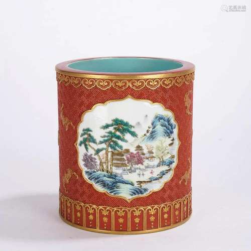 Gilt Decorated & Iron Red Glaze Landscape Brush Pot