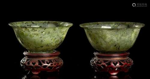 A PAIR OF GREEN STONE BOWLS China, 20th century