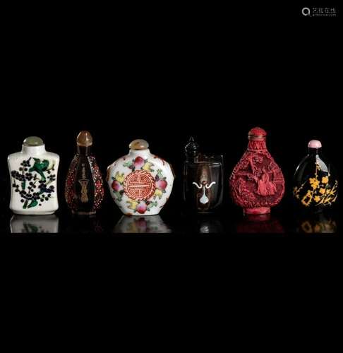 SIX SNUFF BOTTLES IN DIFFERENT MATERIALS China, 20th