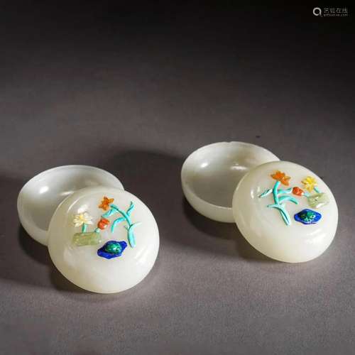 Pair of Inlaid White Jade Flower Pomanders