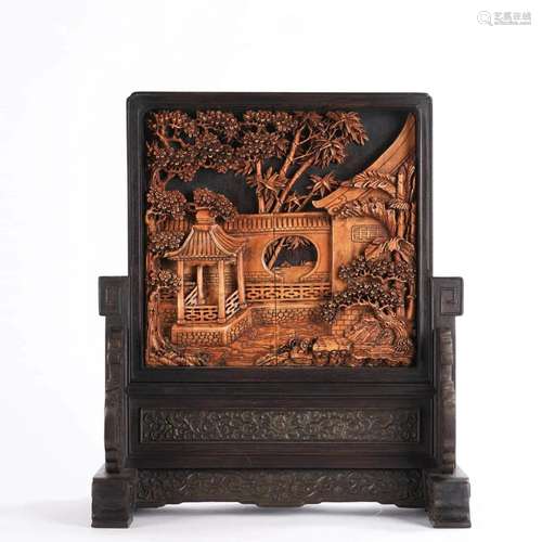 Carved Zitan Wood Landscape & Pavilion Table Screen