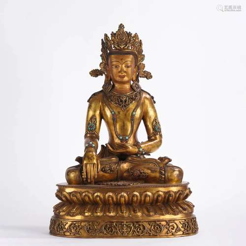 Gold & Hardstone Bronze Figure of Medicine Buddha