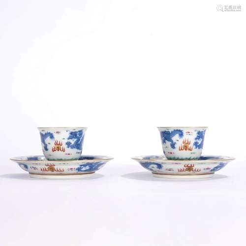 Pair of Wucai Glaze Dragon & Cloud Cups & Cup Stands