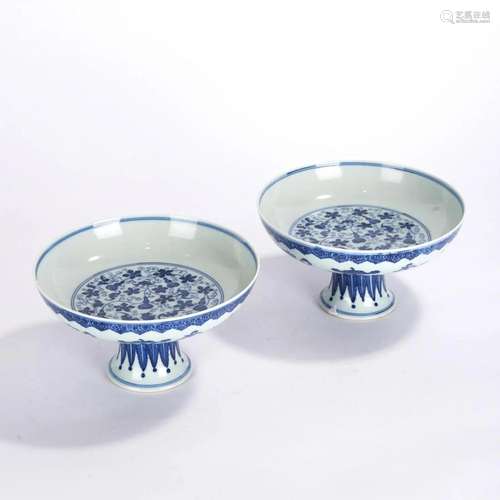 Pair of Blue & White Double Gourd Stem Plates