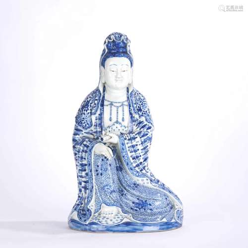 Blue & White Pottery Statue of Guanyin