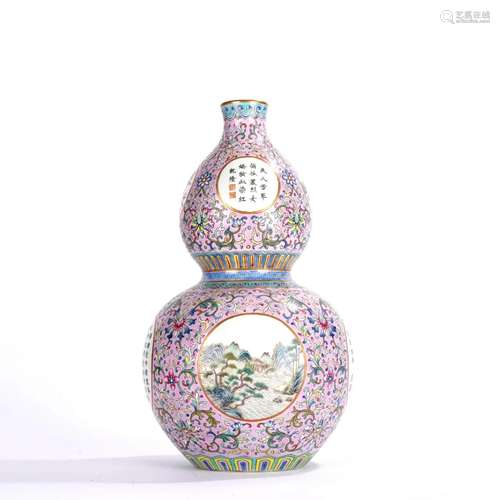 Famille Rose Landscape Double Gourd Shape Vase