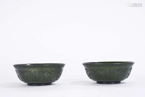 Pair of Spinach Green Jade Floral Bowls