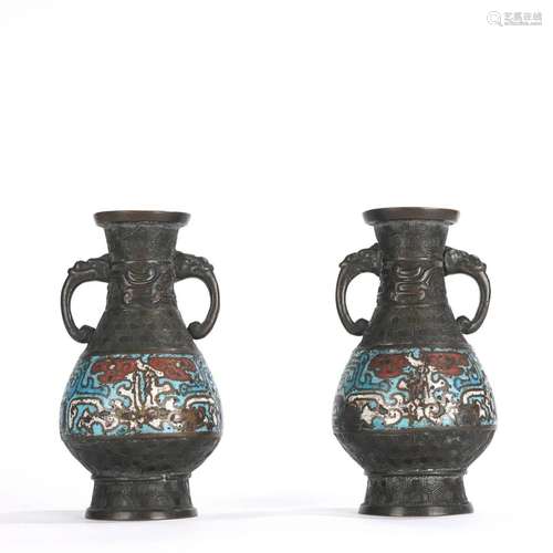 Pair of Cloisonne Enamel Mythical Beast Vases