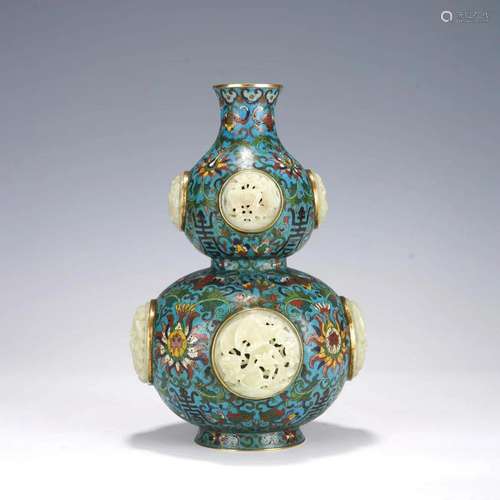 Jade Inlaid Cloisonne Enamel Double Gourd Shape Vase