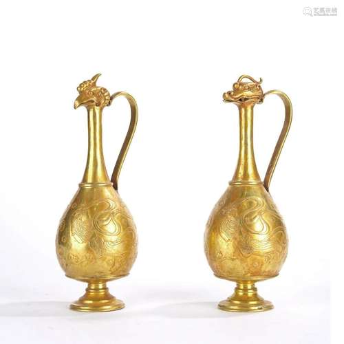 Pair of Gilt Bronze Dragon & Phoenix Ewer