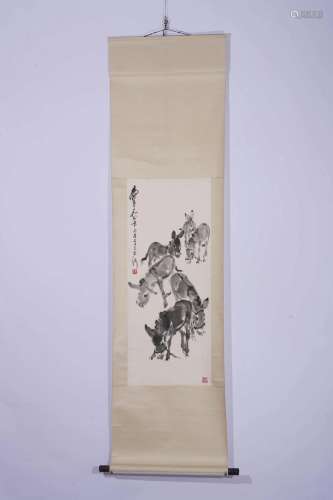 Huang Zhou, Chinese Donkey Painting Scroll